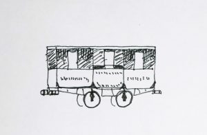 Skizze: Beispiel eines frühen gedeckten Eisenbahnwaggons zur Personenbeförderung