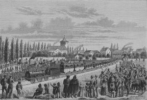 Eröffnung der Eisenbahnstrecke Nürnberg-Fürth am 7.12.1835 (Abb. aus der "Gartelaube", 1885; Wikipedia, gemeinfrei)